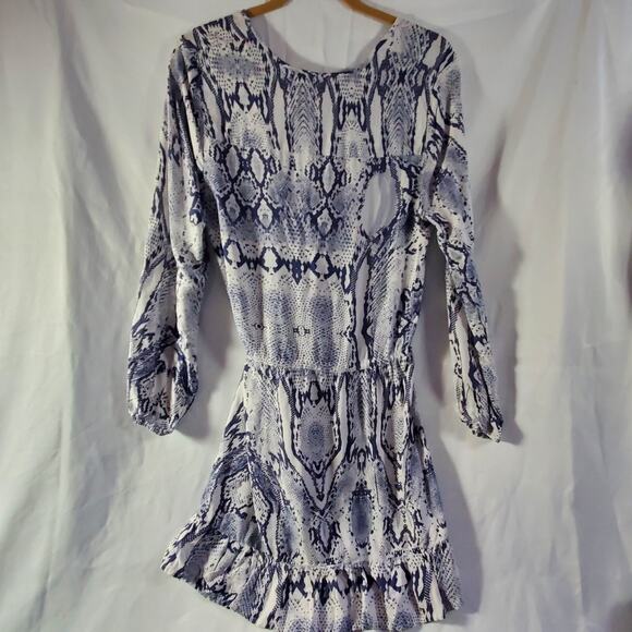 Blue Island Dress Small Snakeskin Print Long Sleeve Ruffle Hem Boho Chic - Picture 3 of 13
